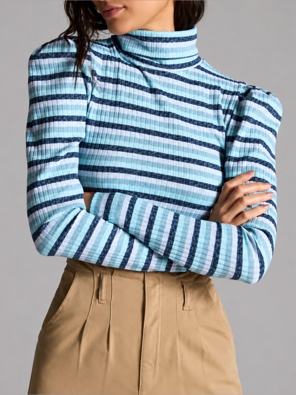 Maeve blue striped puff sleeve turtleneck, XXS